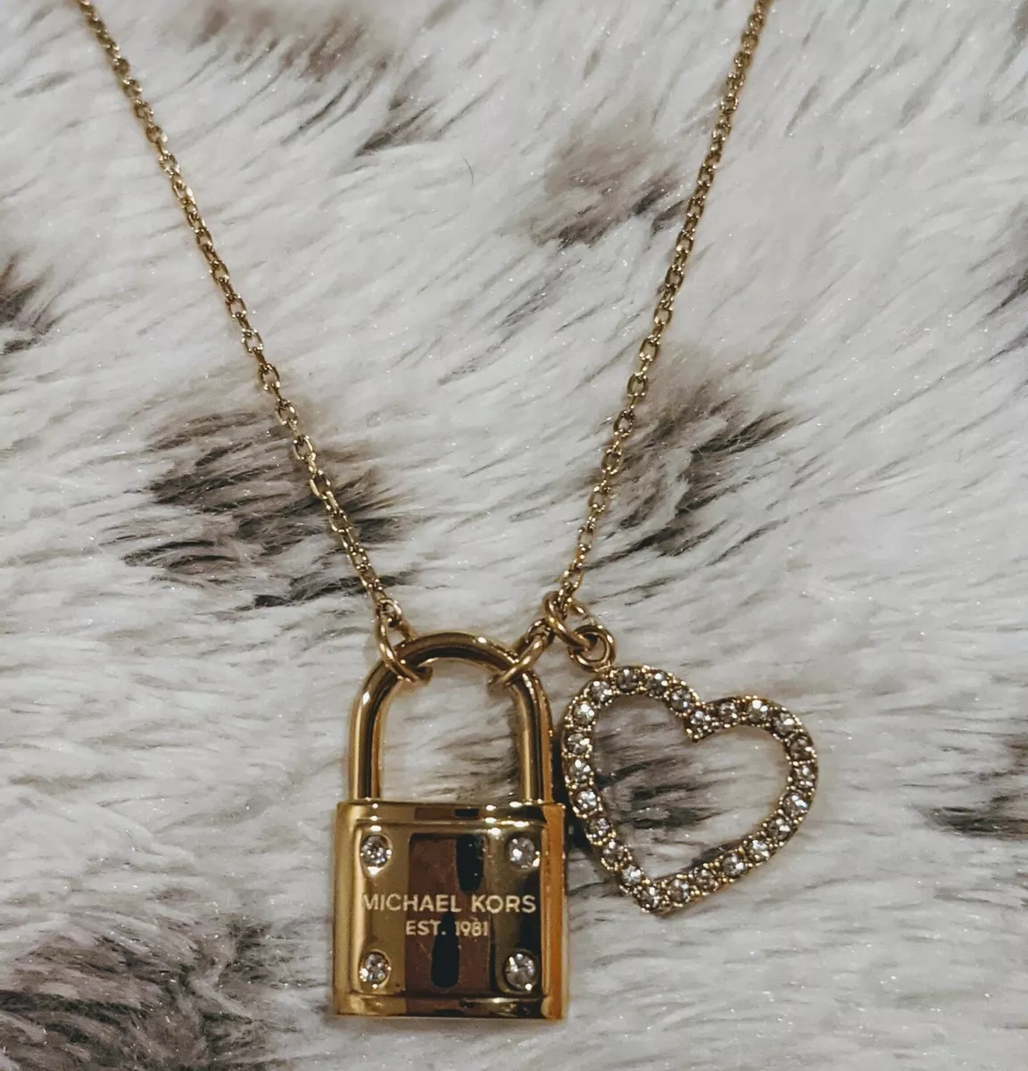 Michael Kors Logo Gold Toned Padlock Pave Heart Charm Necklace AUTHENTIC