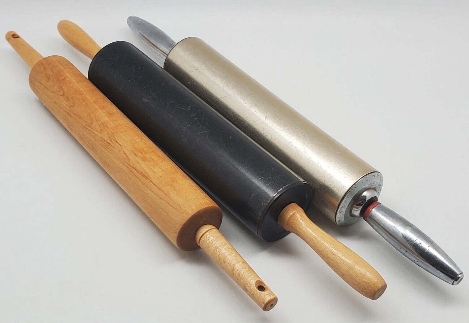 3 Vintage Rolling Pins 2 Metal And One Wood
