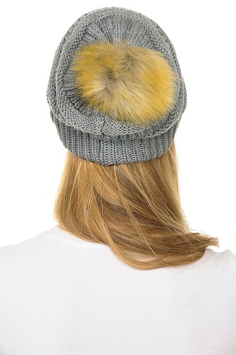 C.C Hat-43 Thick Warm Cap Hat Skully Faux Fur Pom Pom Cable Knit Beanie - Picture 64 of 166