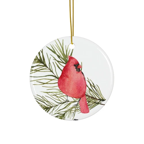 Ceramic Holiday Ornament, Beautiful Cardinal on Tree Branch
