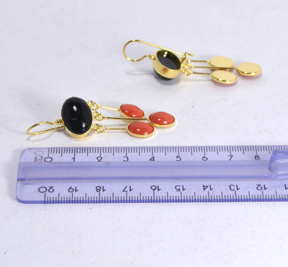 ORECCHINI ARGENTO DORATO ONICE 16 x 12 mm OVALE CORALLO 8 x 10 mm AGHT 0584 - - Immagine 3 di 3