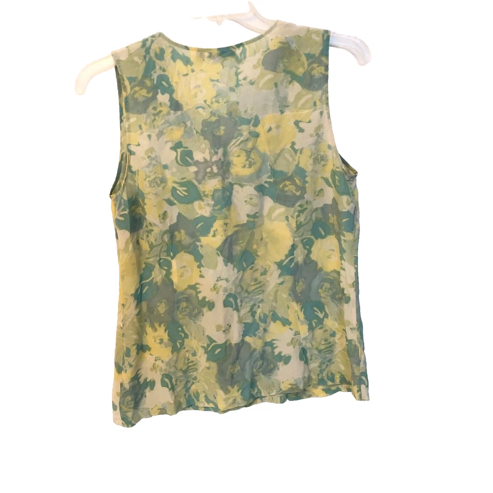 Blusa sin mangas halógena de seda para mujer talla L con volantes floral verde amarillo Foto 3 de 4