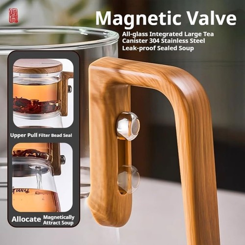 Magnetic Filtration Automatic Tea Pot Glass Separation Teapot Wooden Handle - Picture 3 of 12