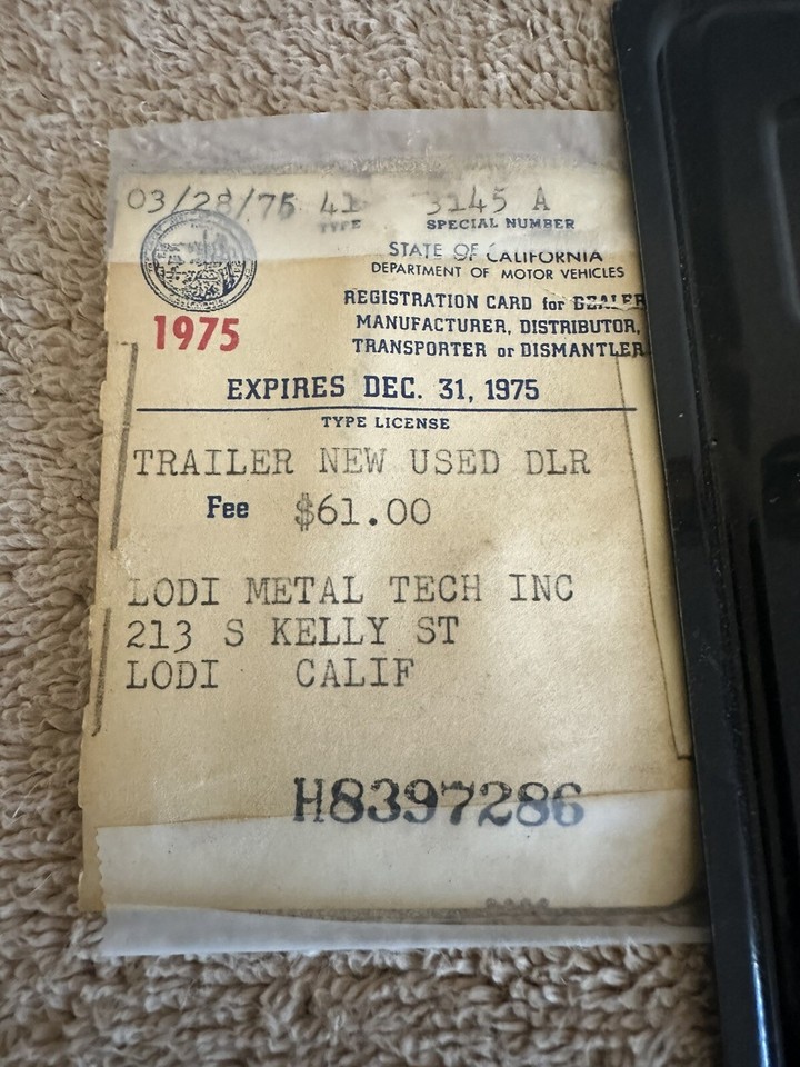 California License Plate DLR TLR 3145 A & 3145 B Black 1975 Tag & REG