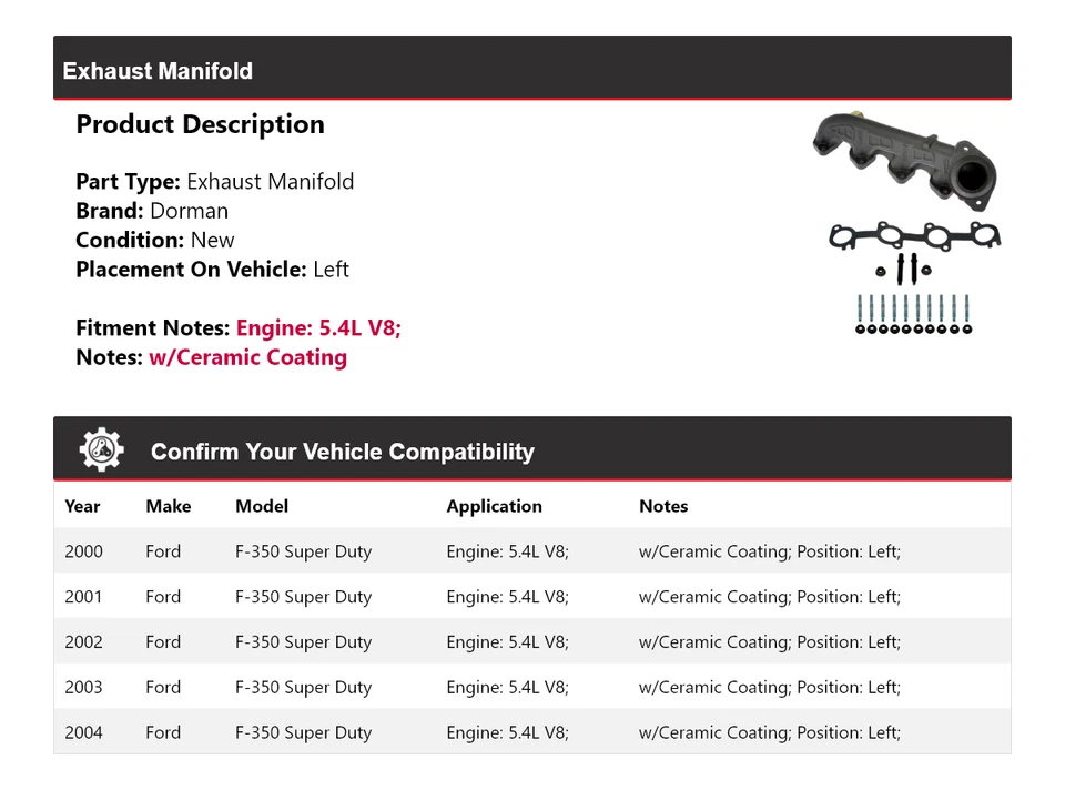 Colector de escape izquierdo para Ford F-350 Super Duty 2000-2004 5,4 L V8 Dorman 2001 Foto 2 de 4