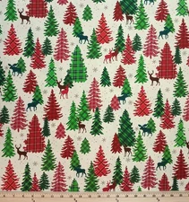Cotton Holiday Farmhouse Plaid Forest Trees Pines Fabric Print by Yard D415.57