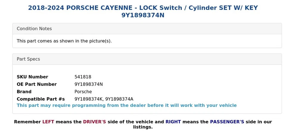 2018-2024 PORSCHE CAYENNE - LOCK Switch / Cylinder SET W/ KEY 9Y1898374N - Image 3 of 4