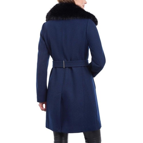 NWT $665 MICHAEL KORS Navy Blue BELTED FAUX FUR Coat PS PETITE SMALL - Picture 3 of 4
