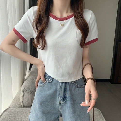 Short Sleeve Casual Tops for Women with Contrast Color Design and Comfort - Picture 8 of 32