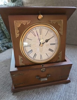 Bulova Wooden Box Table Clock Quartz Brass Accents Hinged Lid Hidden Storage
