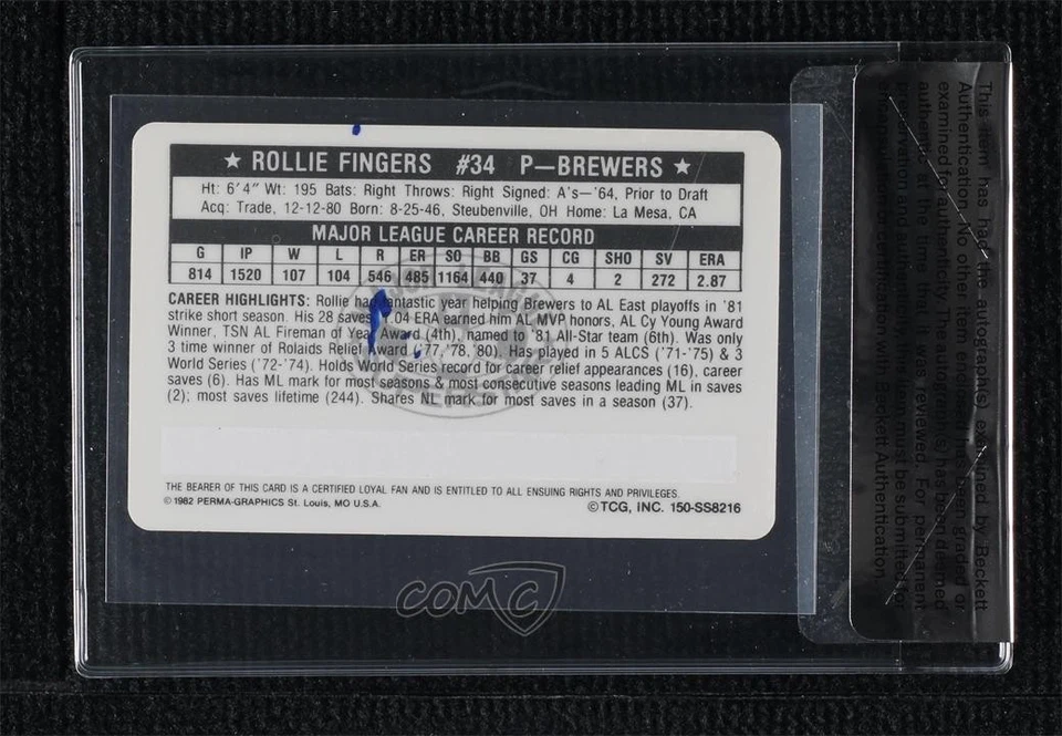 BAS 1982 Perma-Graphics/Topps Credit Cards Rollie Fingers Seal of Authenticity - Image 2 of 2