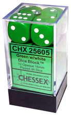 Chessex 12 dice set d6 16mm Opaque Green with White New CHX25605 game die block