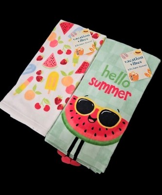 Mainstream Set of 4 Kitchen Towels Watermelon Fruit Popsicle Tropical Summer NEW