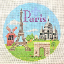 Hand-painted Needlepoint Canvas, PARIS 5 1/2" round, 18" mesh