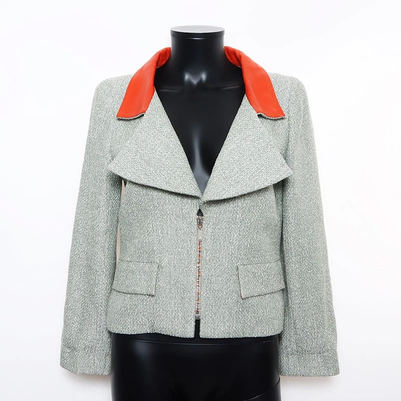 Giacca CHANEL pelle tweed zip taglia:38 01P 2001s verde WS10800