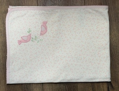 New Vintage Absorba Pink Reversible Bird Receiving  Baby Knit Blanket 100 Cotton