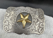 Vintage Western Belt Buckle Womans Signed Nocona Star Silver Tone