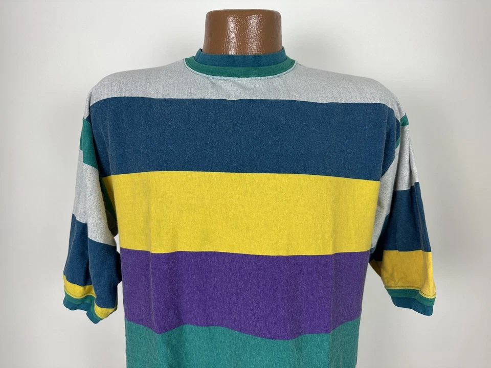 Vintage 90s Colorblock Shirt Medium Yellow Teal Purple Surf Skate Trader Bay USA - Image 3 of 4