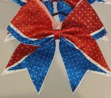 NEW 6" CHEER Cheerleading HAIR BOW Red White Blue Glitter Rhinestone Bling