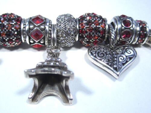 Brighton Double Heart Silver & Red Crystal Voyage Paris Slide Charm Bracelet - Picture 12 of 14