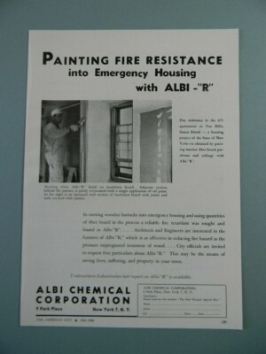 1946 ALBI-''R'' ''PAINTING FIRE RESISTANCE INTO EMERGENCY HOUSING'' SALES ART AD