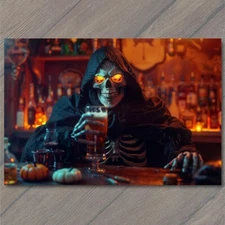 Art Print Grim Reaper Drinking Beer Bar Death Colorful Unusual Skeleton Creepy