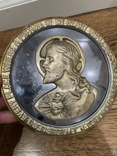 VTG SACRED HEART OF JESUS WALL PLAQUE GLASS BACK METAL