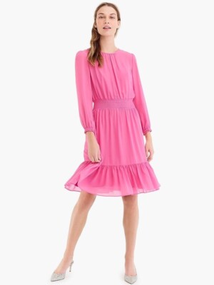 J. CREW Pink Smocked CINCHED WAIST DRESS IN CHIFFON Ruffle Hem S
