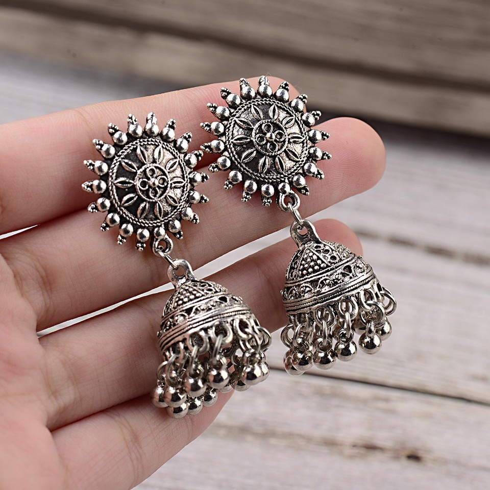 Orecchini Pendenti Etnici Indiani Jhumka Con Nappe – Stile Boho Gypsy, Pavone, Perle, Per Donna, Regalo Per Matrimonio E Feste - 2