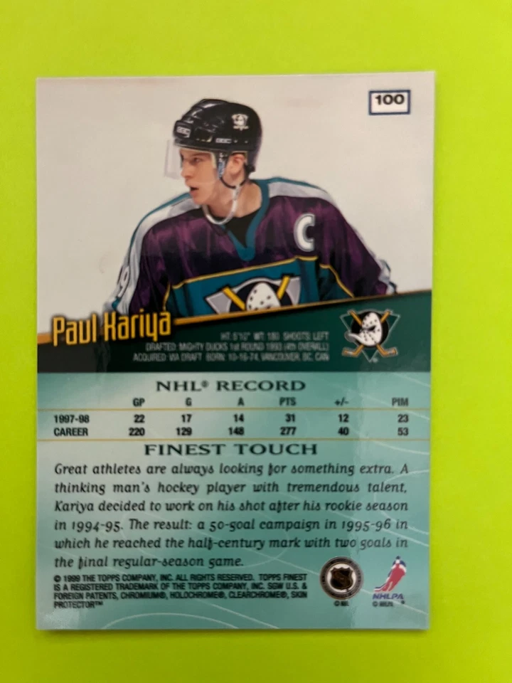 1998-99 Topps Finest #100 Paul Kariya Anaheim Mighty Ducks NrMt - Image 2 of 2