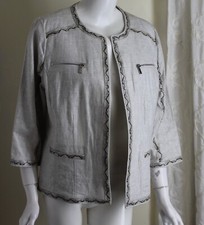 Chico's Sz 2 L Gray Linen SNAKE Reptile Trim Jacket 3/4 Jacket Art-to-Wear