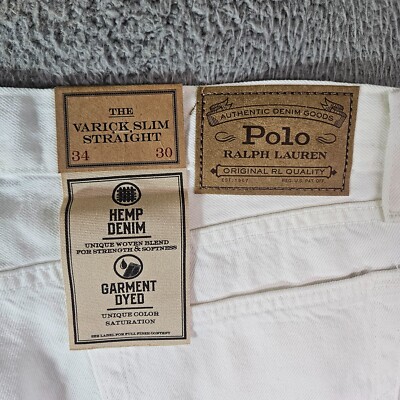 $125 NWT Polo Ralph Lauren Hemp Denim Jeans Men 34x30 Varick Slim Straight White