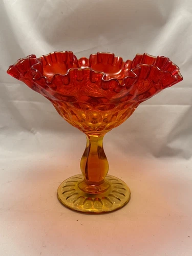 Vintage Fenton Thumbprint Ruffled Red Orange Amberina Compote 7" tall *836