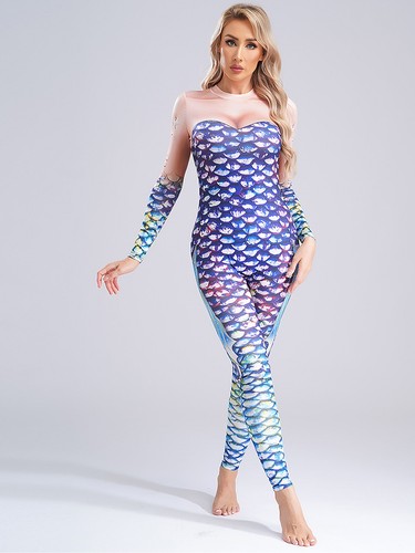 Womens Mermaid Costume Soft Uniform Shiny Jumpsuit Mock Neck Bodysuit Cosplay - Picture 23 of 69