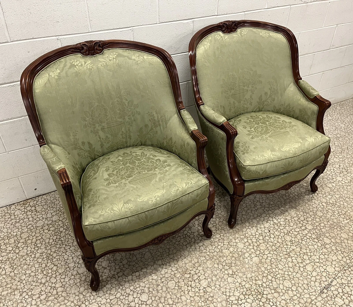 PAIR of Hancock Moore Balfour Mahogany Green Damask Louis XV