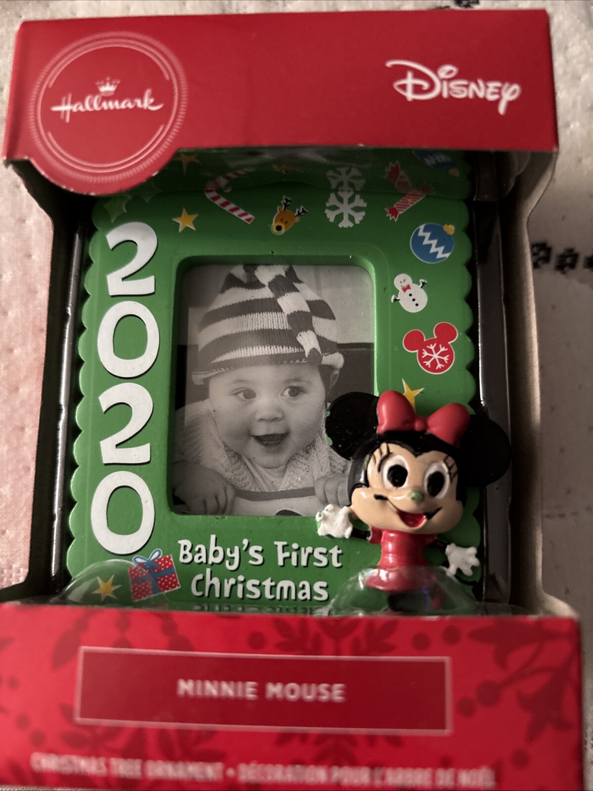 Hallmark 2020 Minnie Mouse Baby's First Christmas Photo Frame Red Box Ornament