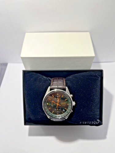 Seiko Mens Chronograph Green Dial Brown Leather Strap Watch SSB385P1 Brand New - Picture 5 of 5