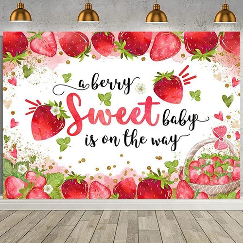 Strawberry Birthday Backdrop "A Berry Sweet One" Party Banner 7x5FT Baby Shower - Picture 3 of 6