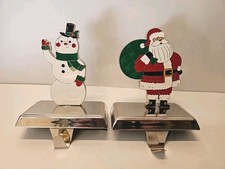 2 Wondershop Enamel  Chrome Christmas Stocking Holders Santa  Snowman