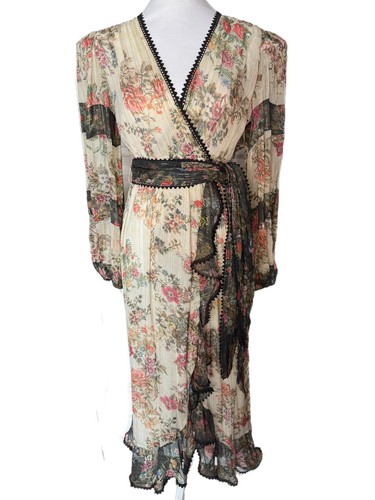 $ 495 Rokoko Sand Kleid Damen Jane Wickel Midi Blumen langes Kleid elfenbein schwarz Größe S
