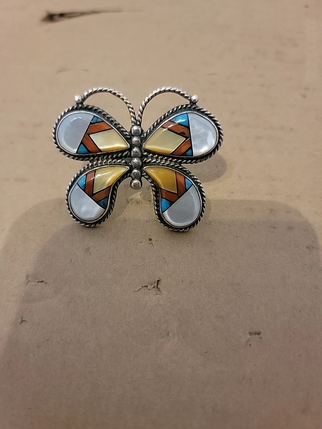 Vintage Zuni Sterling Silver Turquoise & Onyx & Coral Butterfly Ring