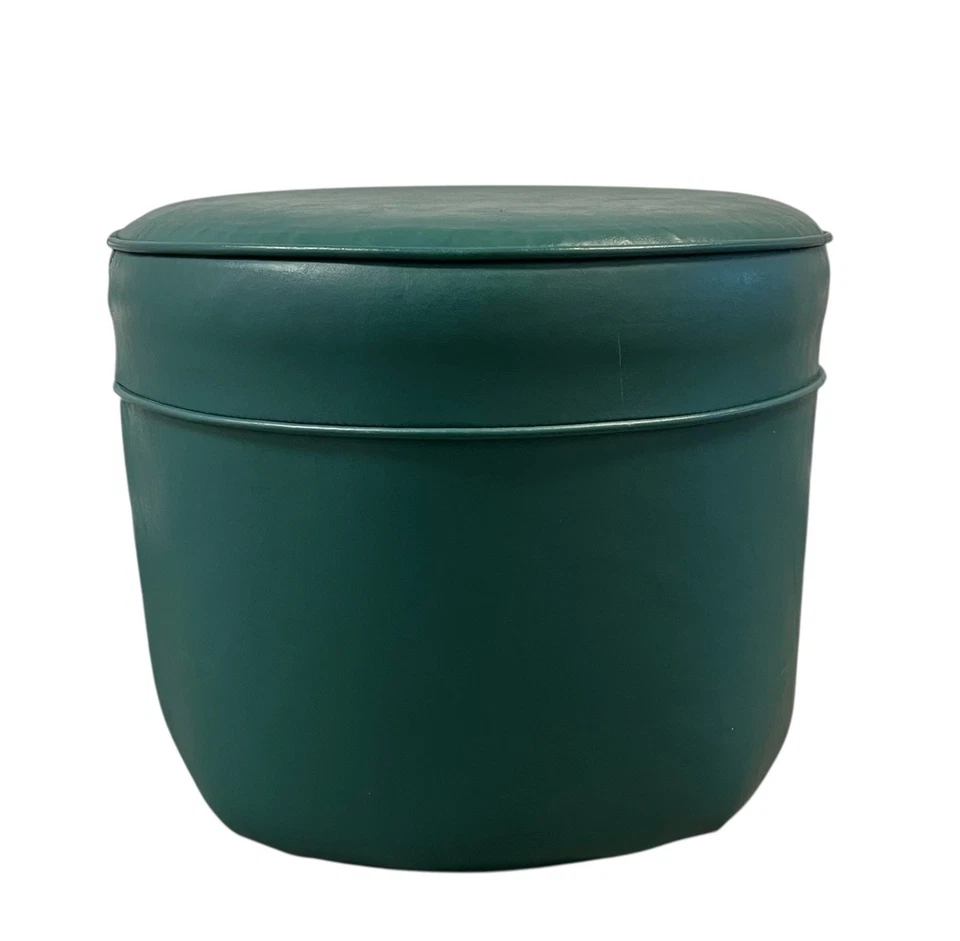 Reposapiés otomano vintage moderno de mediados de siglo redondo verde azulado de vinilo hassock Foto 4 de 4