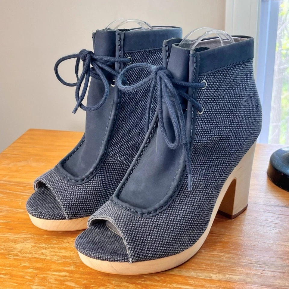 Botines Anthropologie Farylrobin Cuero/Tela Punta abierta 8 Azul Denim $200 Usados en Excelente Condición Foto 3 de 4