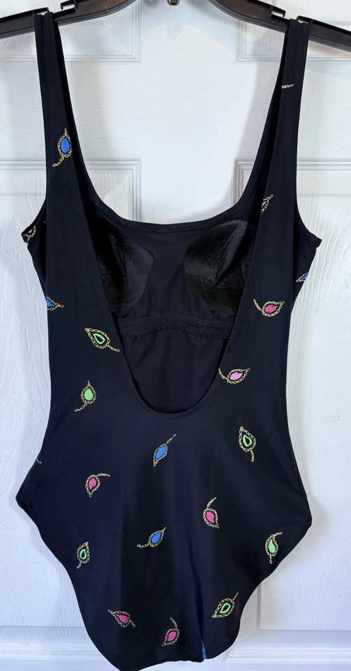 复古 90 年代 GOTTEX 黑色连体泳衣装饰花卉水钻 ~ 8 — 第 3/4 张图片