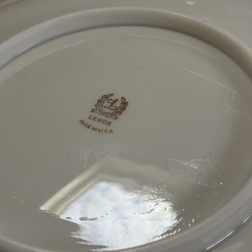 White porcelain Lenox Vintage Pheasant bird Ashtray with gold rim, made in U.S.A. on reflective surface.
