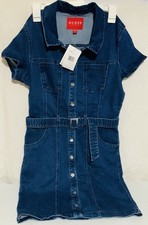 GUESS Women's Blue Denim Button-Front Belted Shirt Dress, Collared, M