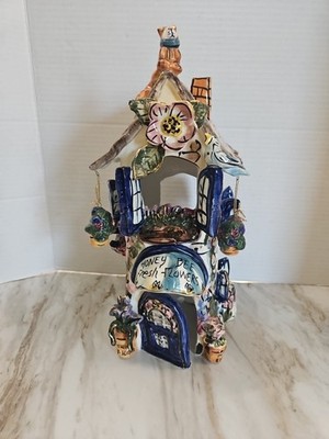 Blue Sky Pottery Candle holder Heather Goldmine signed Honey Bee Inn Flowers vtg