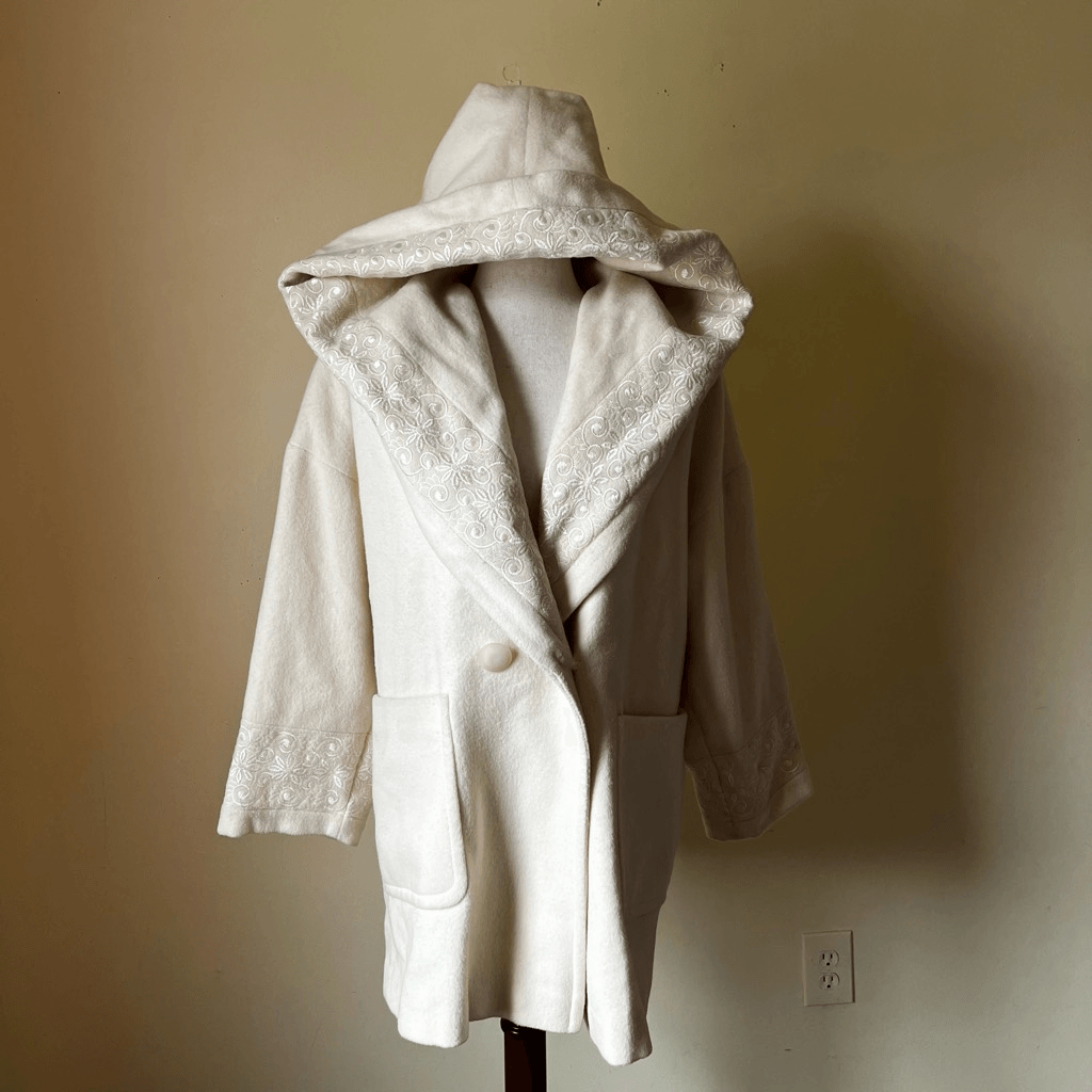 Vintage 90s Express Wool Blend Coat Cream Embroidered Hooded Oversized Jacket XS