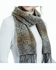 Cejon Ombre Paisley Scarf Fringe Soft Brown Ivory Wrap Pashmina Made Italy NWOT