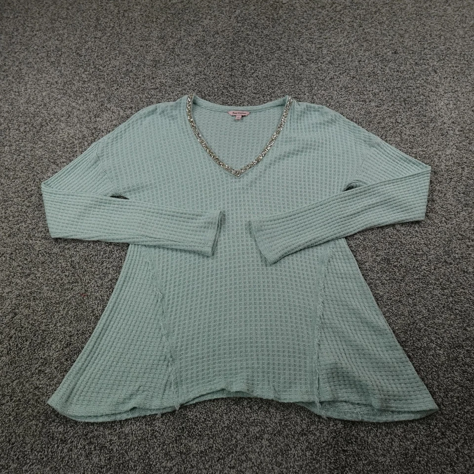 Suéter Juicy Couture Mujer M Azul Cuello en V Tejido Gofre Manga Larga Babydoll Y2K Foto 2 de 4